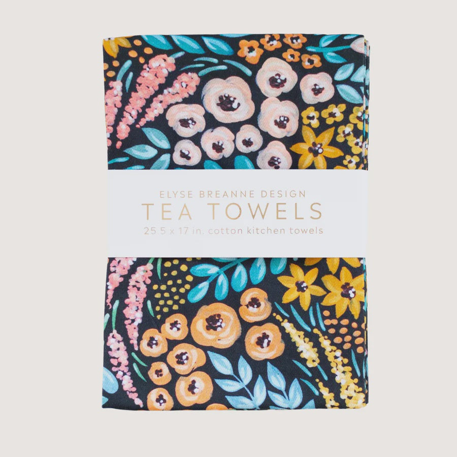 E B Design Black Floral Tea Towels, Pack of 2