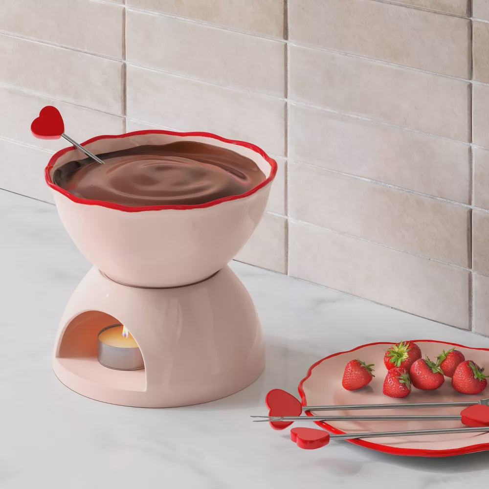 Stoneware Fondue Set with Heart Forks