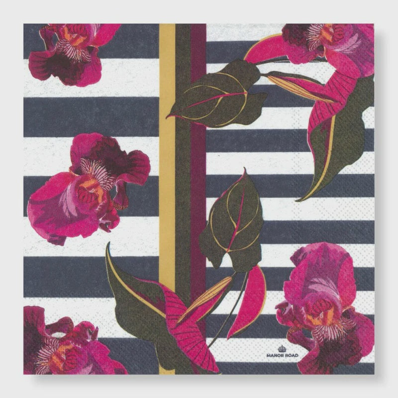 MANOR ROAD ORCHIDS ON STRIPES LUNCHEON NAPKINS 20PK