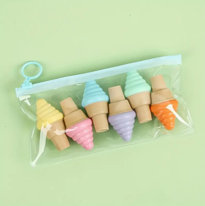 6pcs, Creative Cartoon Ice Cream Cone-shaped Fluorescent Markers