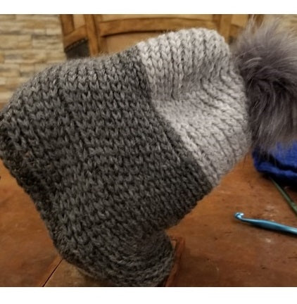 Crochet Medium Grey Wool Winter Hat Grey Fur Pom