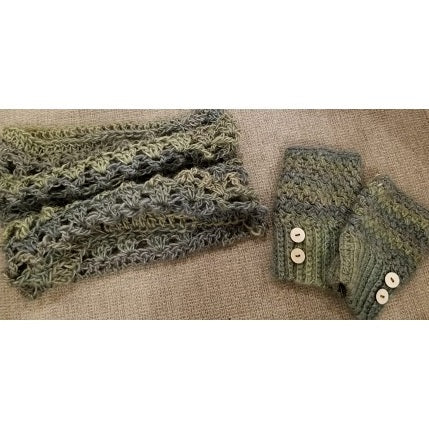 Crochet Large Kids Wool Neck Hand Warmers Green Wood Buttons