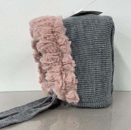 Mebi Baby Girl Grey Pink Ruffle Knit Bonnet 6mth