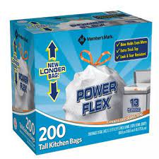 Member's Mark Power Flex Tall Kitchen Drawstring Trash Bags/13 gal/200 Ct