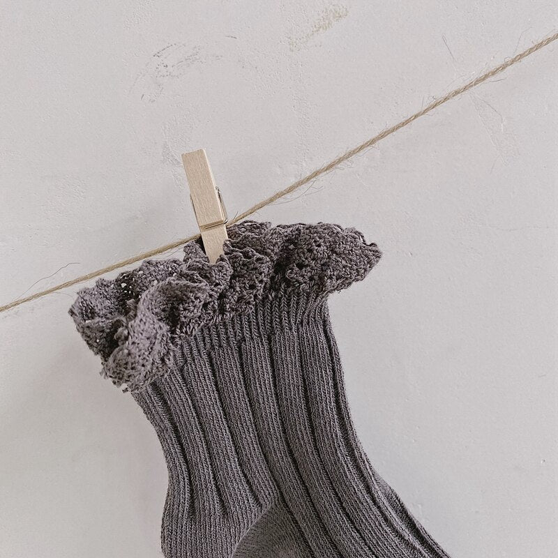 Short Cotton Socks with Crochet Lace Edge Dark Grey