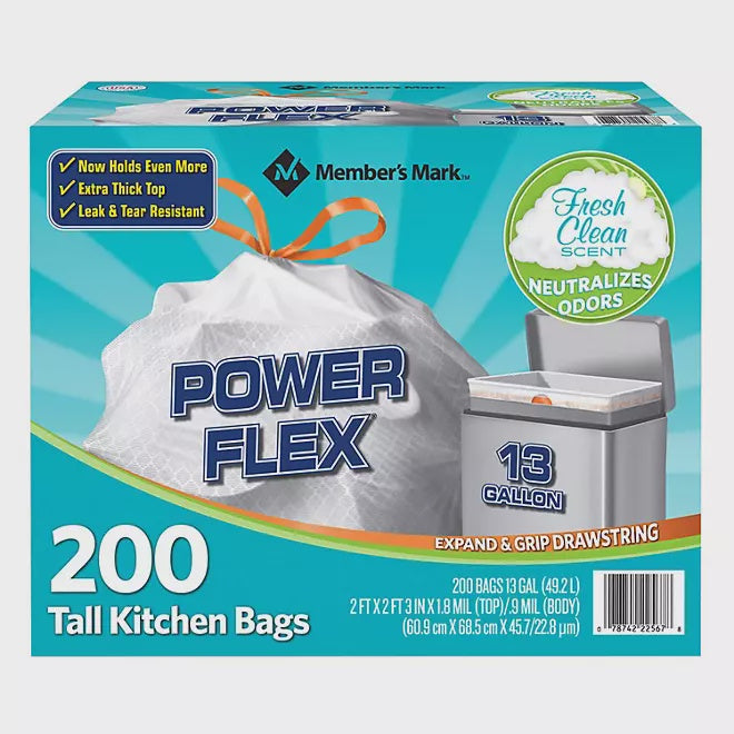 Member's Mark Scented Power Flex Kitchen Drawstring 13 Gallon Bag 200 ct