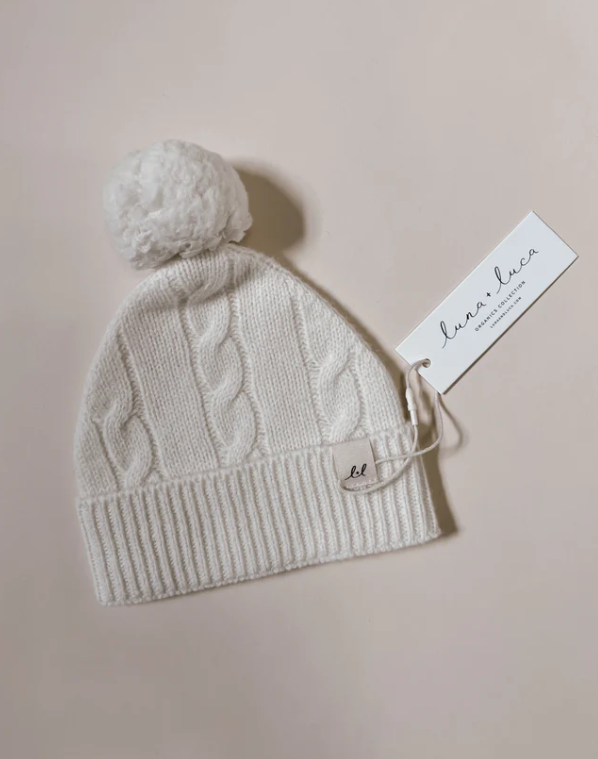 Luna + Luca Cable Knit Pom Beanie - Off White / 0-3m