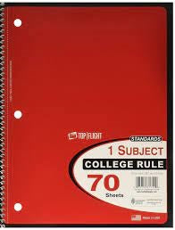 Top Flight 1 Subject College Rule Spiral Notebook 70 sheets