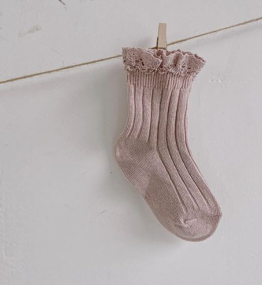 Short Cotton Socks with Crochet Lace Edge Dusty Pink