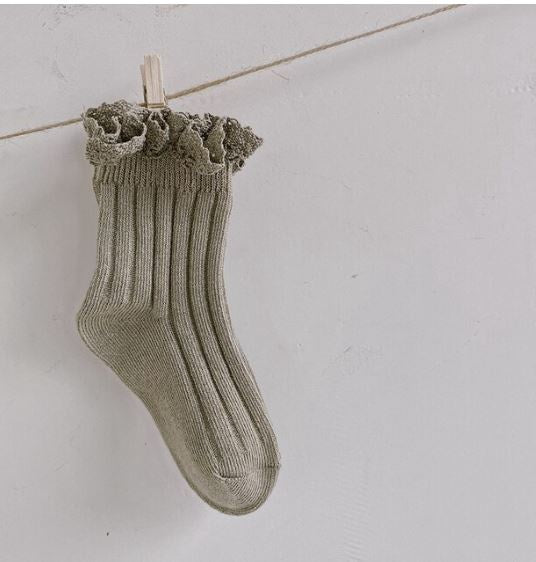 Short Cotton Socks with Crochet Lace Edge Grey Sage